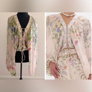 Camilla Palacio Playground 100% Silk Lace-Up Crystal Embellished Cropped Top